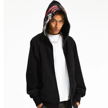 Custom men's black heavyweight full face zip hoodie embroidery hood jacket 100% cotton plus size full zip up hoodie
