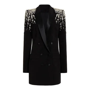 High Quality Breathable Heavy Rhinestone Beaded Blazer Women Long Sleeves Double Breasted Button Knitted Nail Bead Embroidery