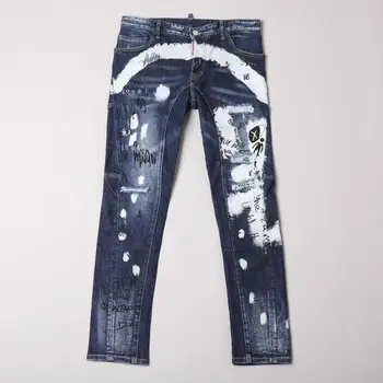 Custom Slim Fit Men's Blush Printed Torn Denim Jeans Pants Destroyed Taped Ripped Pencil Style Knitted Washed Hole for Autumn