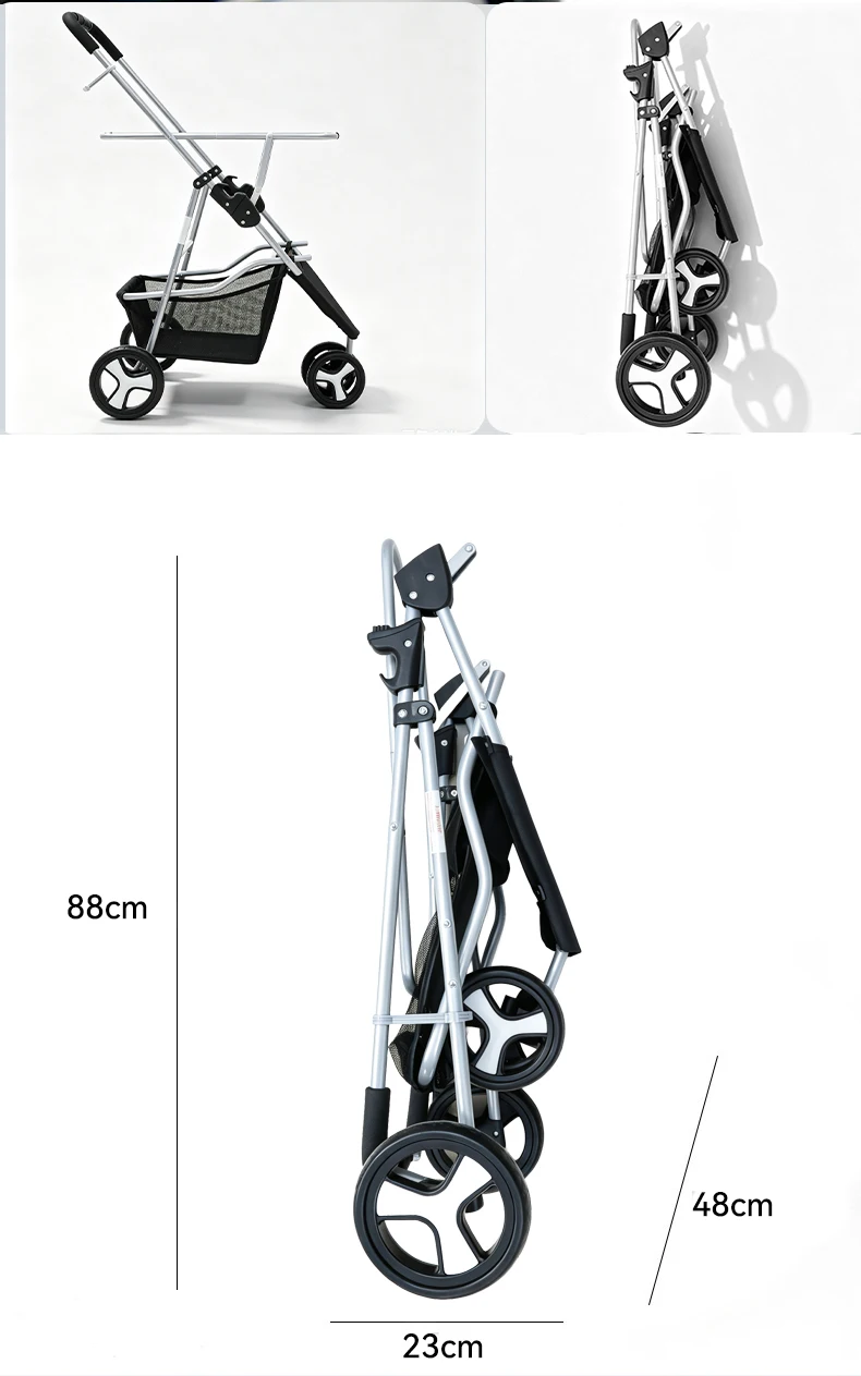 product new 3 wheel double layer pet stroller one click fold detachable hand pull cart multifunctional outdoor shopping grocery basket-4