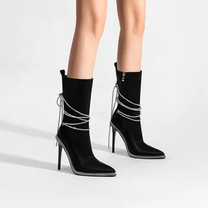 Women's Black Korean Formal Height Increasing Rhinestone Slip-On Mid-Calf Boots with Pointed Toe and Stiletto Heel