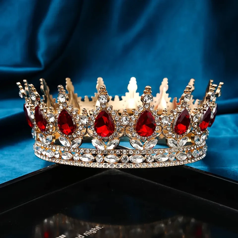 Couronne Strass Rouge Diadème Mariage Doré - Accessoire Coiffure Mariée Concours Beauté