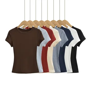 2026 Women's Slim-Fit Summer T-Shirt Basic Solid Casual Outer Wear with O-Neck Short-Sleeved Stretch Rib Tee Tops