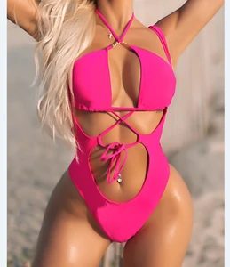 New One Piece Beach Wear Solid Color  Women'S Sexy Swimsuit