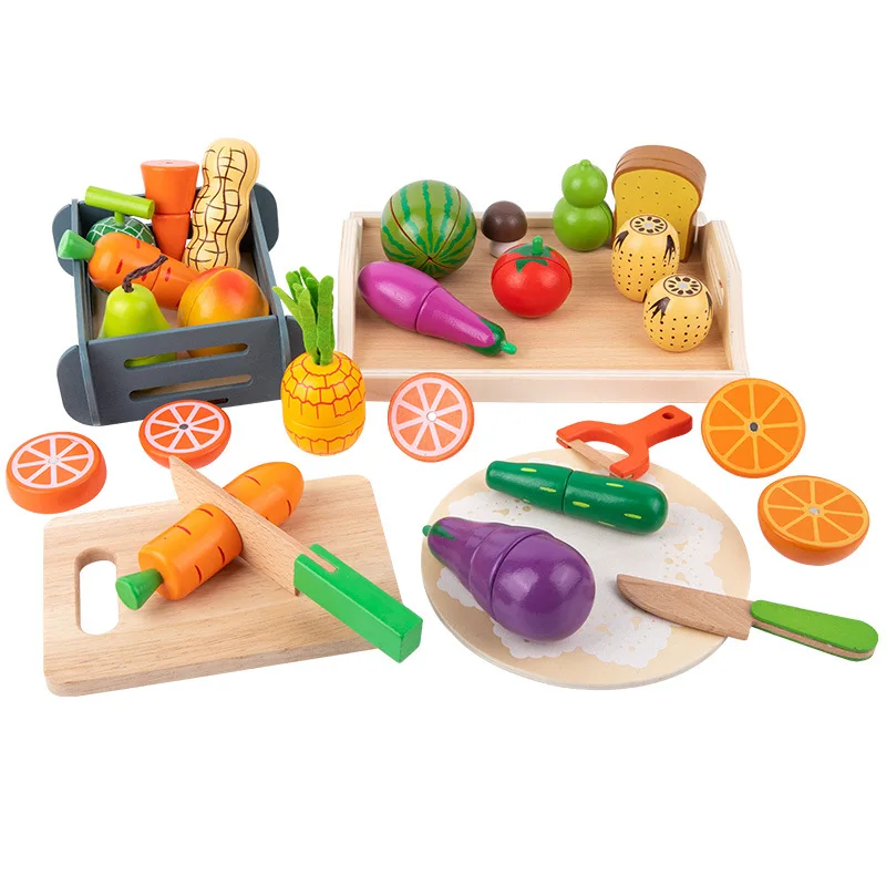 Vegetable/fruit cutting set, wooden, in crate