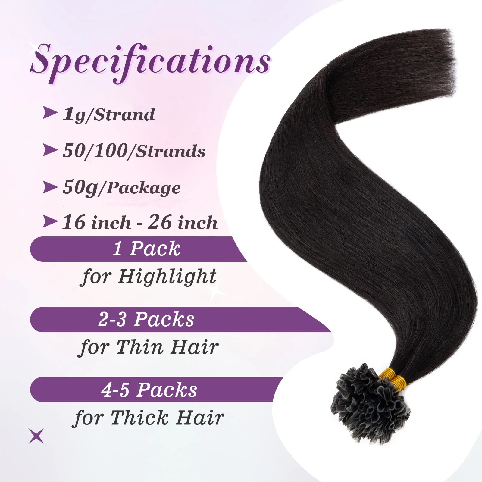 Extensiones de cabello humano con punta en U, preadheridas, queratina, 100 hebras, 16-26 pulgadas_voghion.com