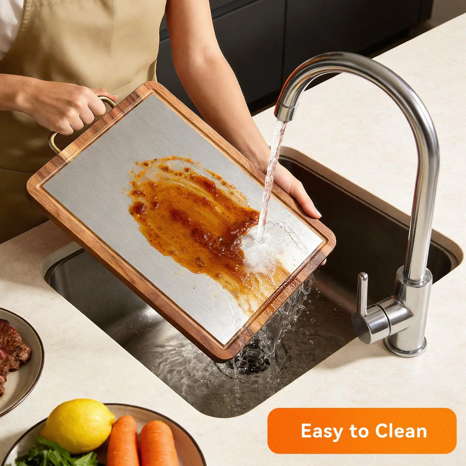product custom double sided acacia wood cutting board with stainless steel kitchen chopping block with juice groove handle-7