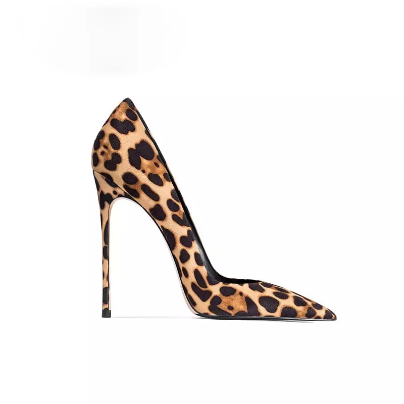 Xinzirain Customize Latest Design Ladies High Heels Shoes Leopard Print Shallow Mouth 12cm Pencil Heel Women Leopard Heel Pumps