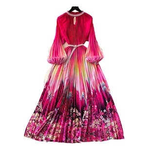 Elegant Dress Women'S Fashion Beaded Round Neck Hollowed Out Pleated Lantern Sleeve Waist Print Long Dresses Women