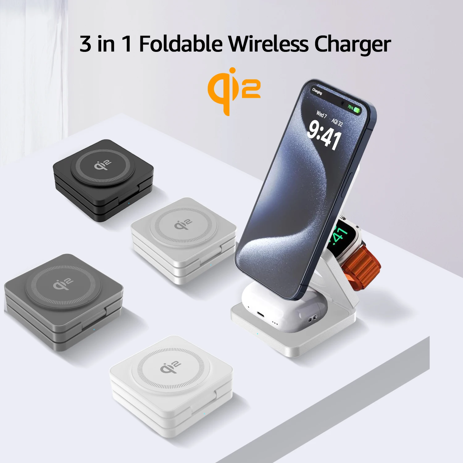 OEM 15W Qi2 Fast Wireless Charging Station 3 in 1 Foldable Charger for iPhone 16 IWatch for AirPods with 7W Output Power