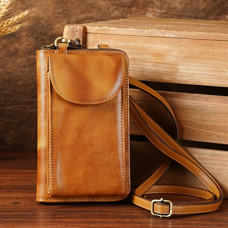 2022 New Arrive Custom Genuine Cow Leather Wallet Purse Mini Crossbody Bag Mobile Telephone Leather Cell Phone Bag