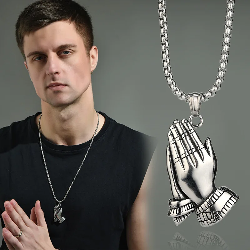 thumbnail interactive-video image 1 of Praying Hands Pendant Necklace – 24 Inch Stainless Steel Box Chain – Mens Hip Hop Jewelry NewAgeBling 1 of 3