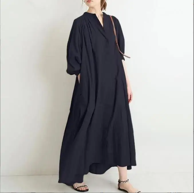 Women's Solid Color Cotton Linen Dresses Stand Collar Button Loose Women Clothes Long Sleeve Casual Long Shirt Dress