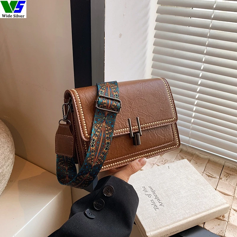 Wide Silver Factory's Vintage Women's Leather Messenger Bag Single Buckles PU Lining for Summer Winter Designed for Ladies