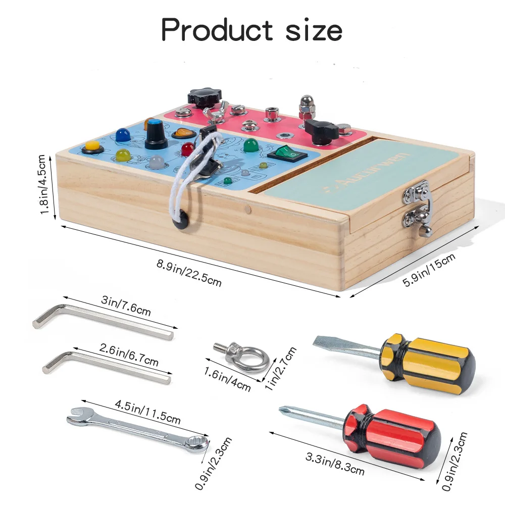 유아용 나무 감각 교육 완구 LED 및 드라이버 포함 바쁜 보드 몬테소리 완구 아기 집중력 향상 보드