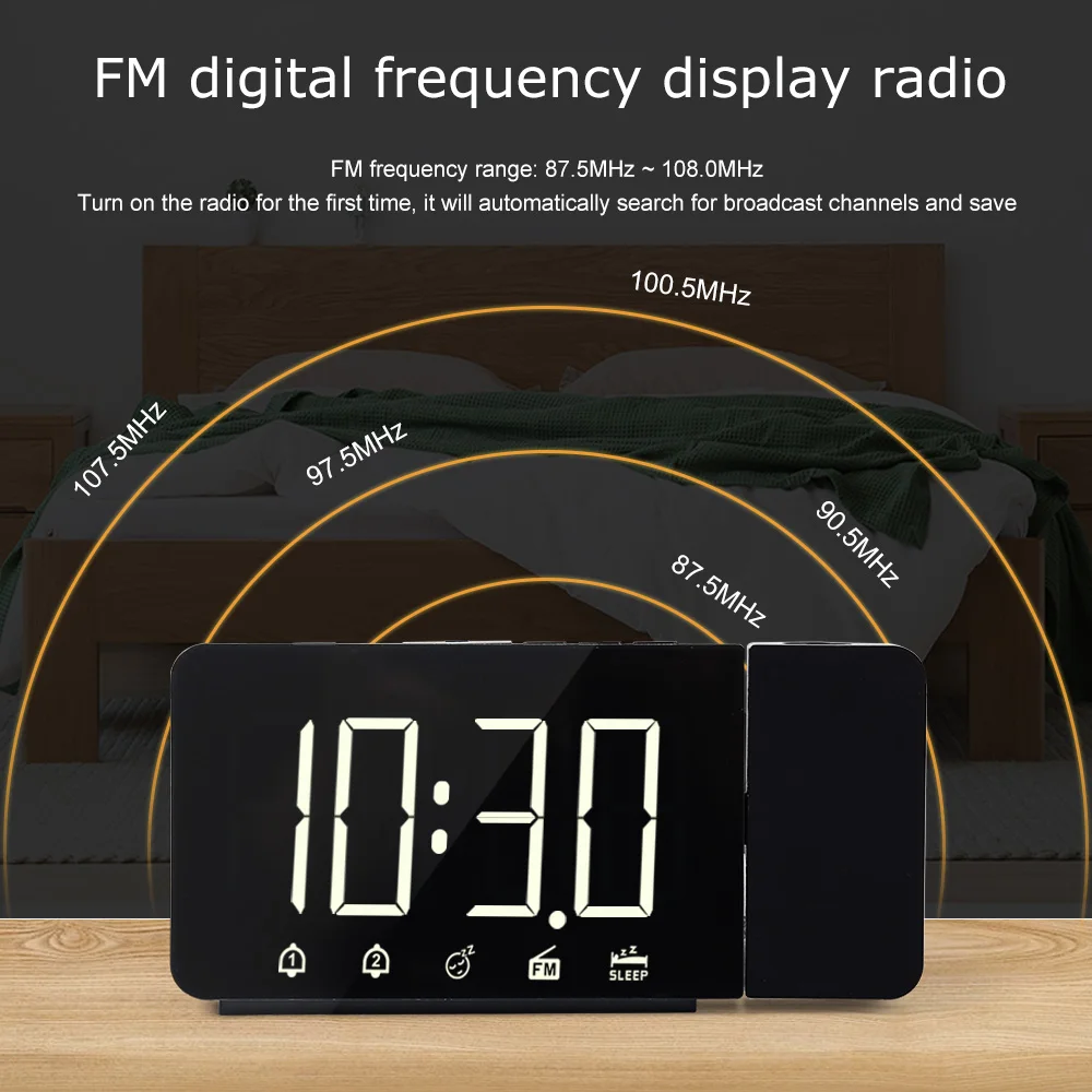 FM Radio Alarm Clock LED Projection Large Digital Projector Wall Table Snooze USB Nightlight Watch Time Projection Alarm Clock