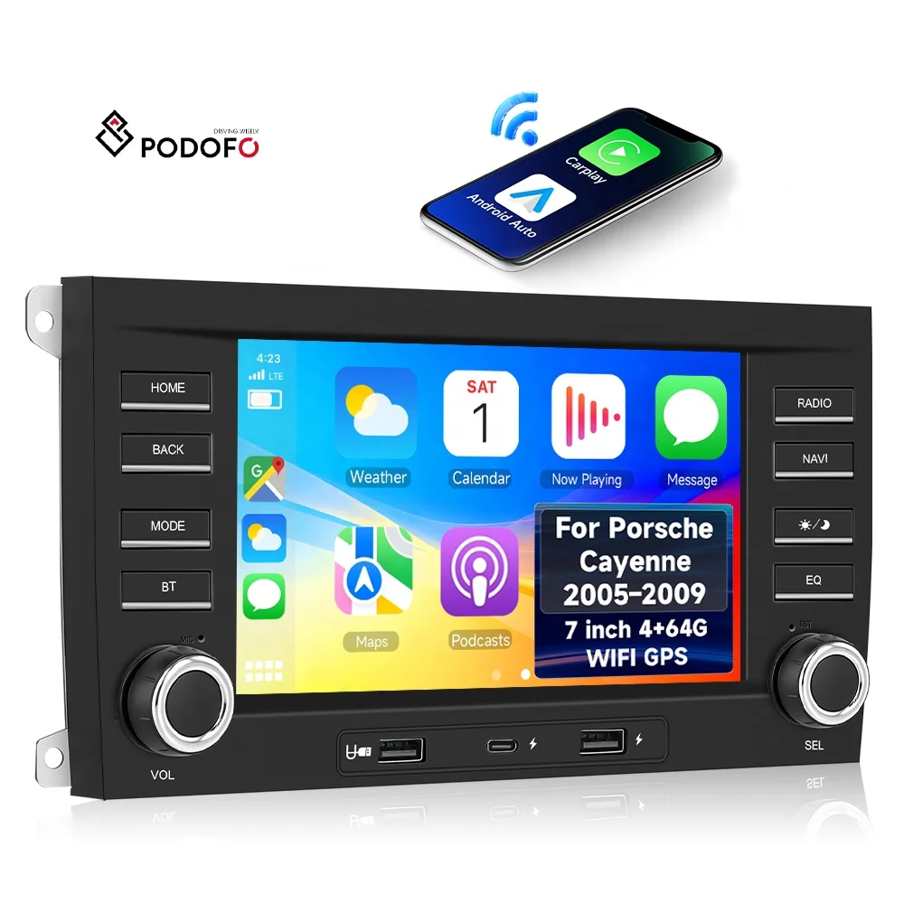 Podofo for Porsche Cayenne 2005-2009 7'' Android Car Audio 4+64G 2DIN 4+64G GPS Built-in WiFi CarPlay/Android Auto Split Screen A4720