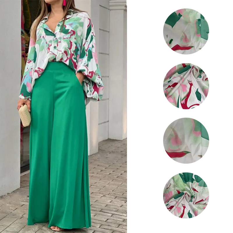 Women's Clothing Printed Casual Loose Batwing Sleeve Lapel Shirt and High Waisted Wide L aperçu 4