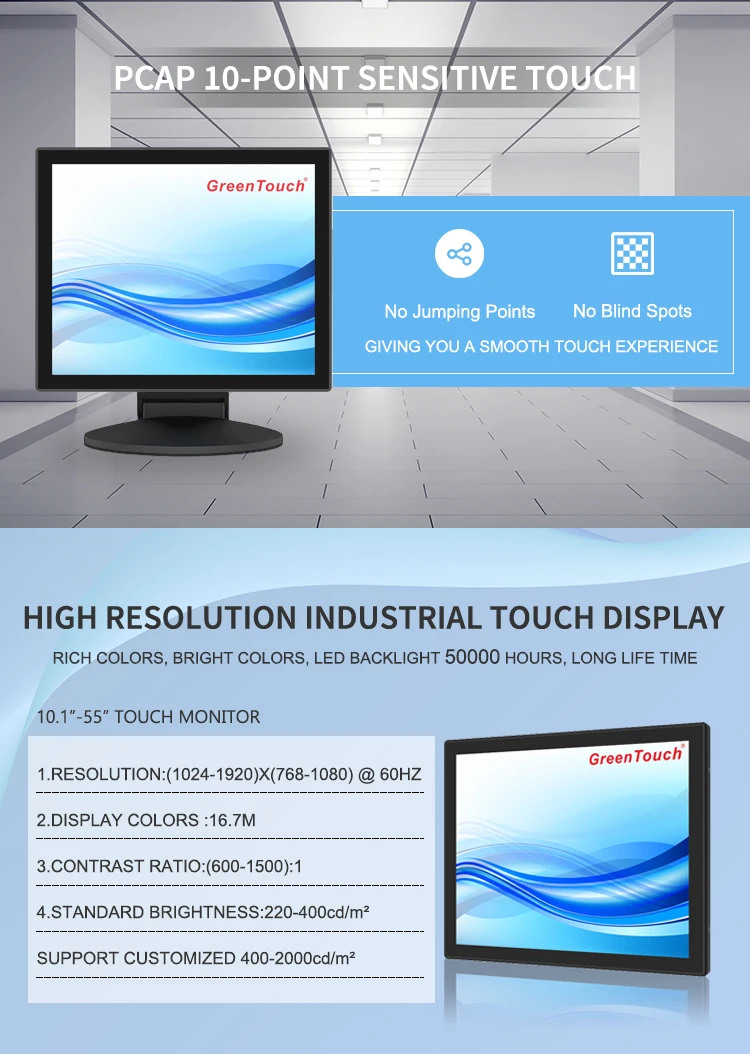 GreenTouch 19 inch PCAP industrial touchscreen monitor open frame touch display