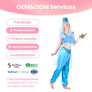 Customizable Aladdin Themed Blue Outfit Adult Jasmine Costume with Veil and Lamp for Halloween Cosplay Parties