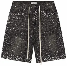 Denim Shorts Custom Manufacturer Streetwear Wash Vintage Jeans Shorts Baggy Men&#39;s Jorts Rhinestone