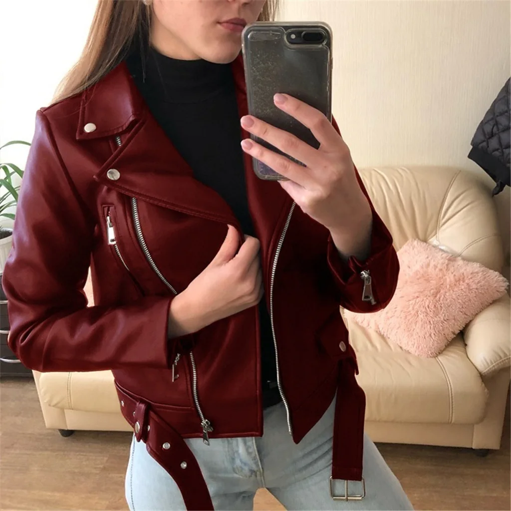 New Fashion Women Girls Pu Leather Biker Jacket Spring Autumn Long