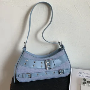 Fashion Light Blue Pu Leather Shoulder Bag Buckle Design Underarm Purse Hand Bags for Women