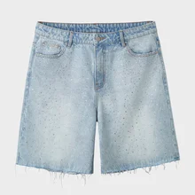 Fashion Design Custom Rhinestone Baggy Denim Jorts Frayed Hem Light Washed Men Denim Shorts