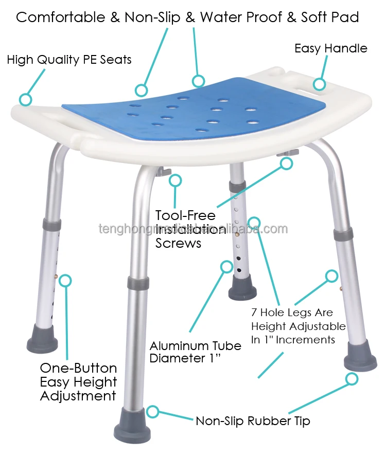 White Bathroom Aluminum Adjustable Shower Chair Bath Chair For Elderly
