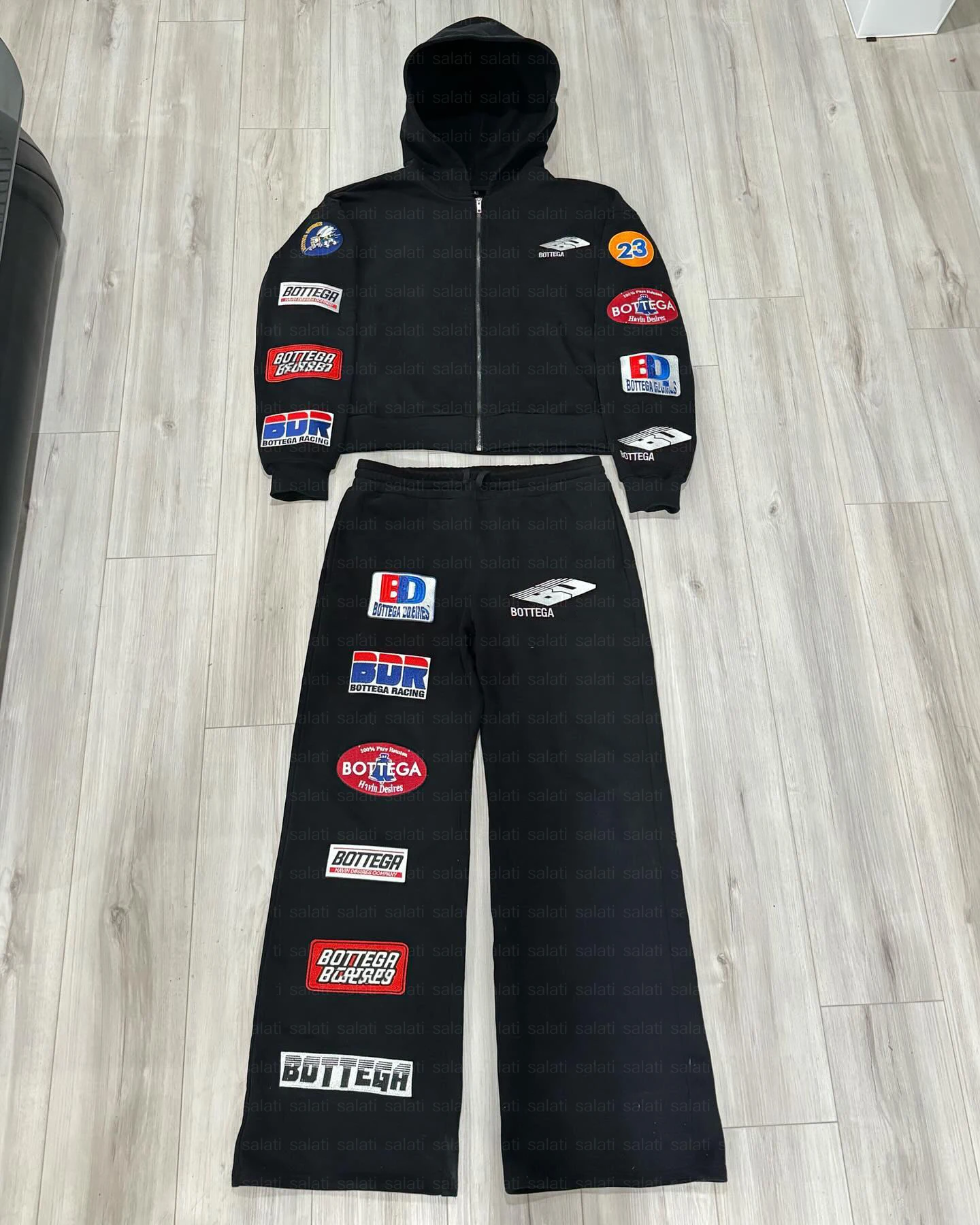 Salati Custom Unisex Cropped Distressed Heavyweight French Terry Acid Washed Rhinestone Hoodie and Sweatpants Set gallery 7