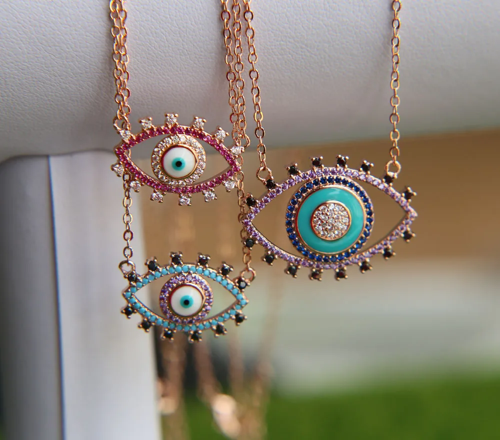 Top Quality Real Micro Pave Cz Geometric Shape Evil Eye 20 Grams Gold Necklace Designs