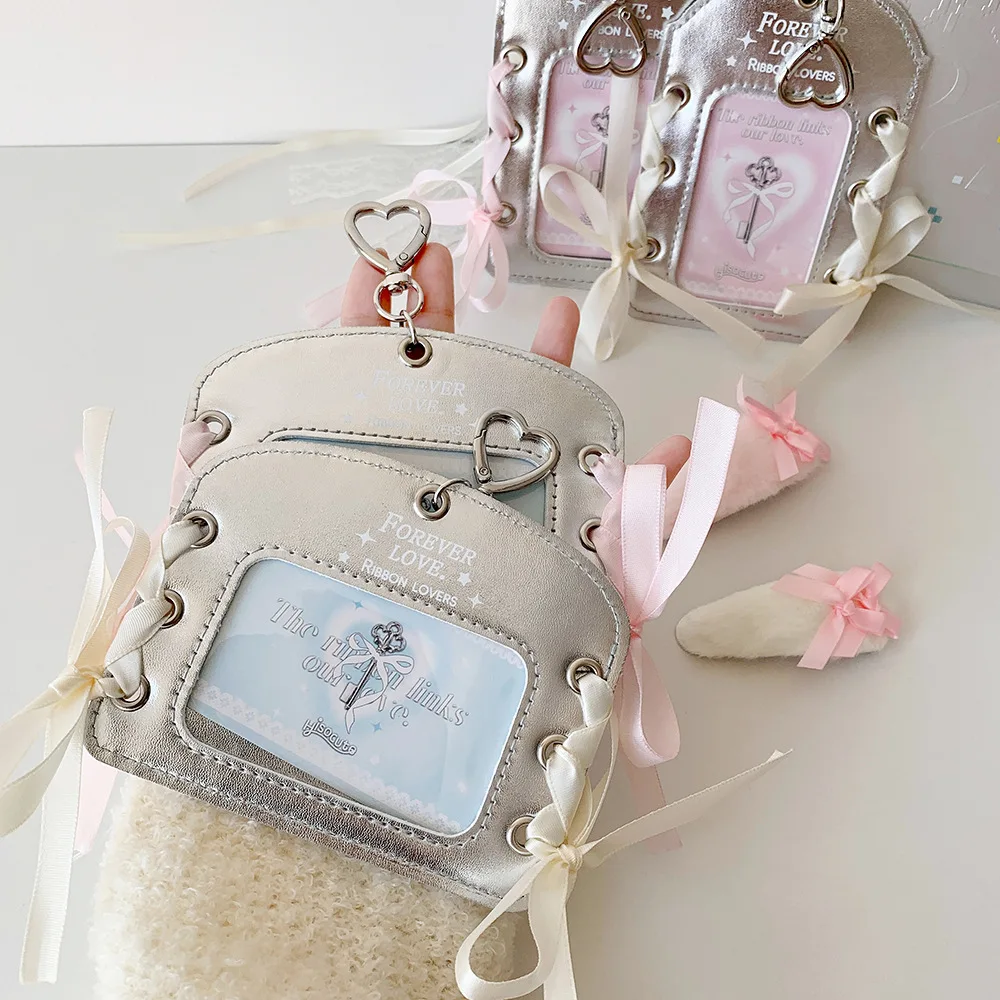 Enhypen Keychain Cute Kpop Photocard Holder With Keychain - Silver PU Leather Ribbon Sleeve For 3" Cards Enhypen Keychain Cute Kpop Photocard Holder With Keychain - Silver PU Leather Ribbon Sleeve For 3" Cards