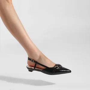 Moncheer  Women's Pointed Toe Slingback Flats with Metal Horsebit Buckle Super Low Heel Dress Shoes