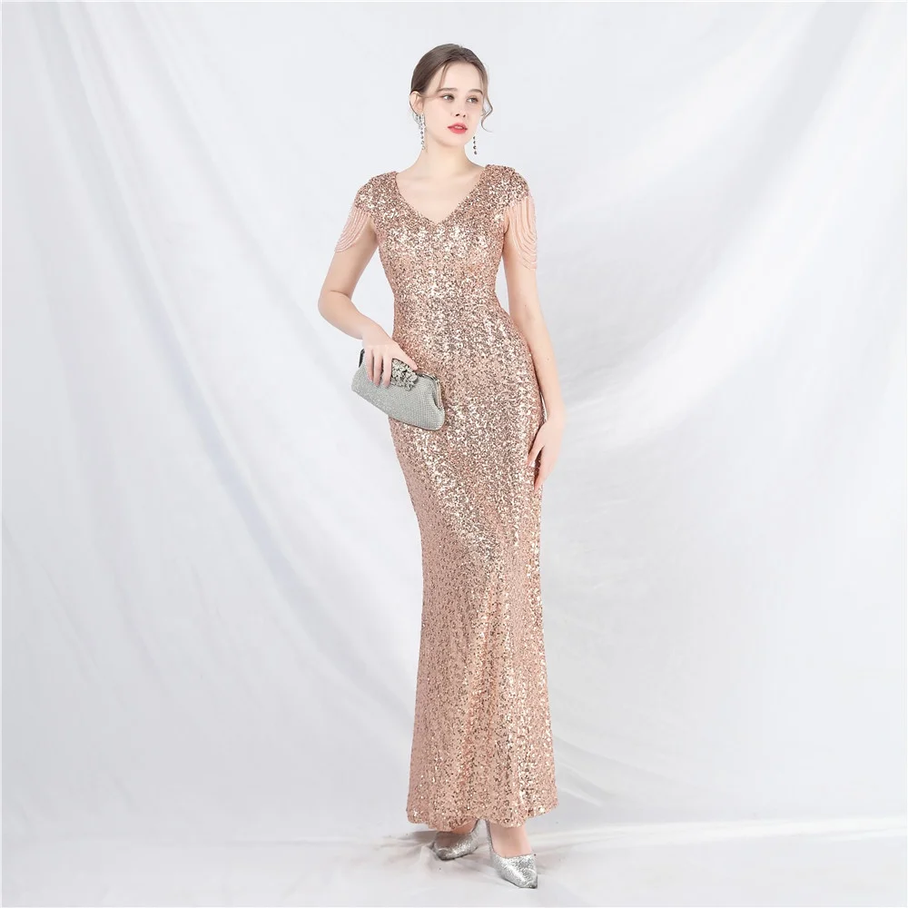 slim fit dress slacks Elegant Cild Shoulder Tea Length Gold Bridesmaid Dress with Ruffles PF   Promfast