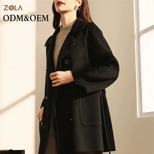 Solid Color Double Breasted Turn Down Collar Short Wool Coat Pocket Decorated with Belt