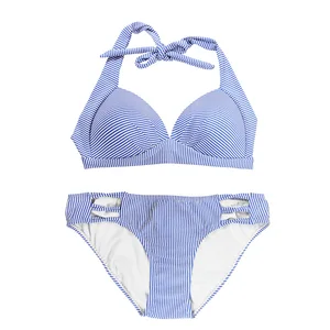 Sexy Halter Neck V-Top Front Print Quick Dry Swimwear Beachwear Low-Rise Bottoms Custom Stripes Bathing Suit Two Piece Women's