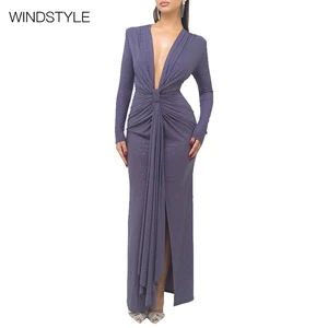 OEM/ODM  Sexy Deep V-neck Sequin Ribbon Long Dress Elegant Long Sleeve Slit Slim Dress Party