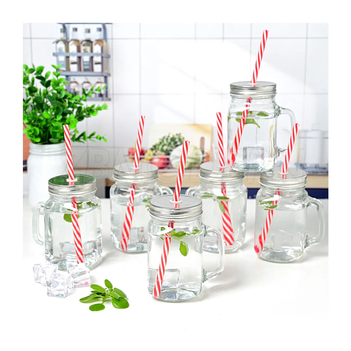 Plastic lids Straw Lids Gift Ideas 16 oz Mason Jar with Handle Silicone Straws Drinking Glasses 6 Pack Fun Drinks Beer Mug 
