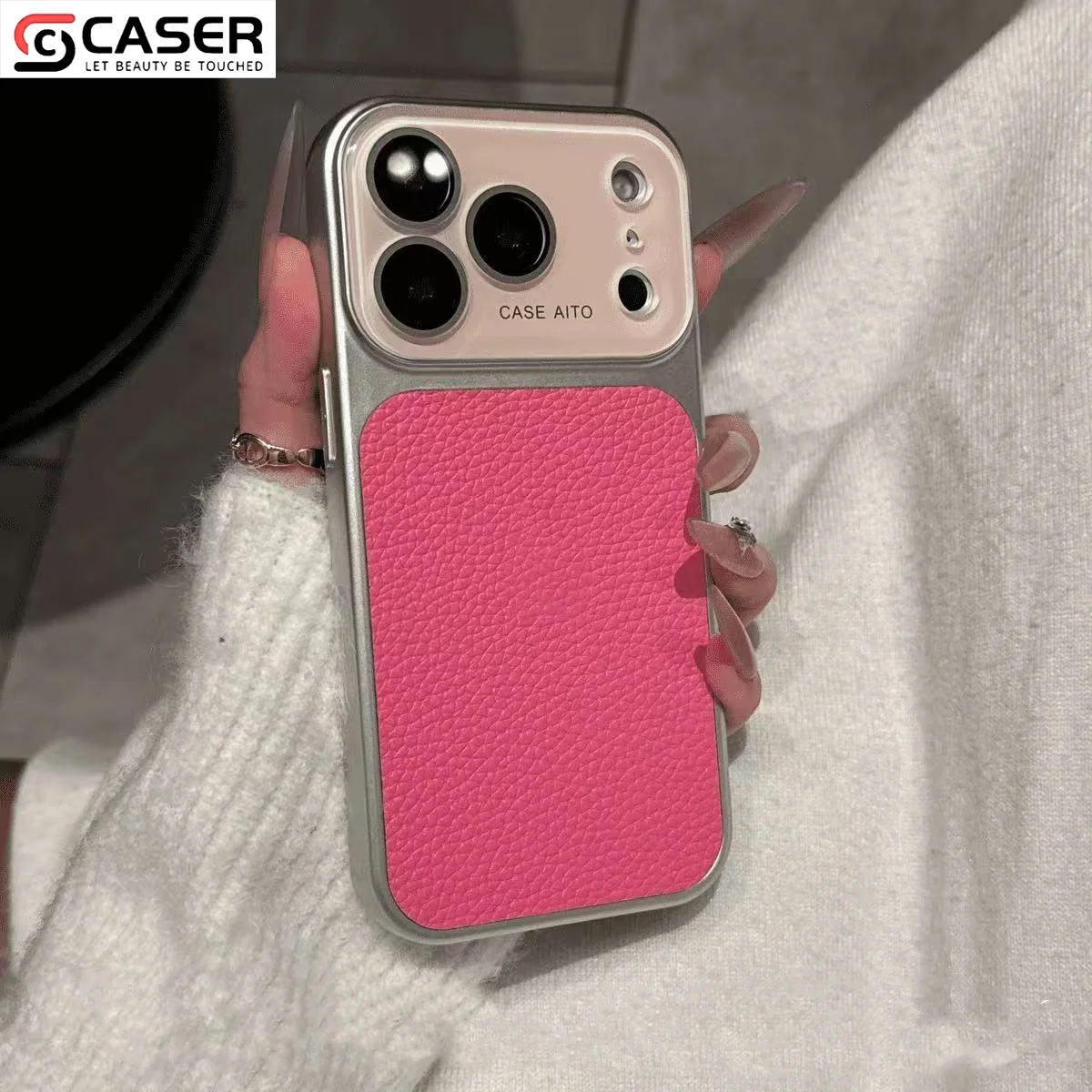 Lychee Texture PU Leather Full Body Case Metal Silver Glass Lens Cover Shockproof Protection for iPhone13-17series