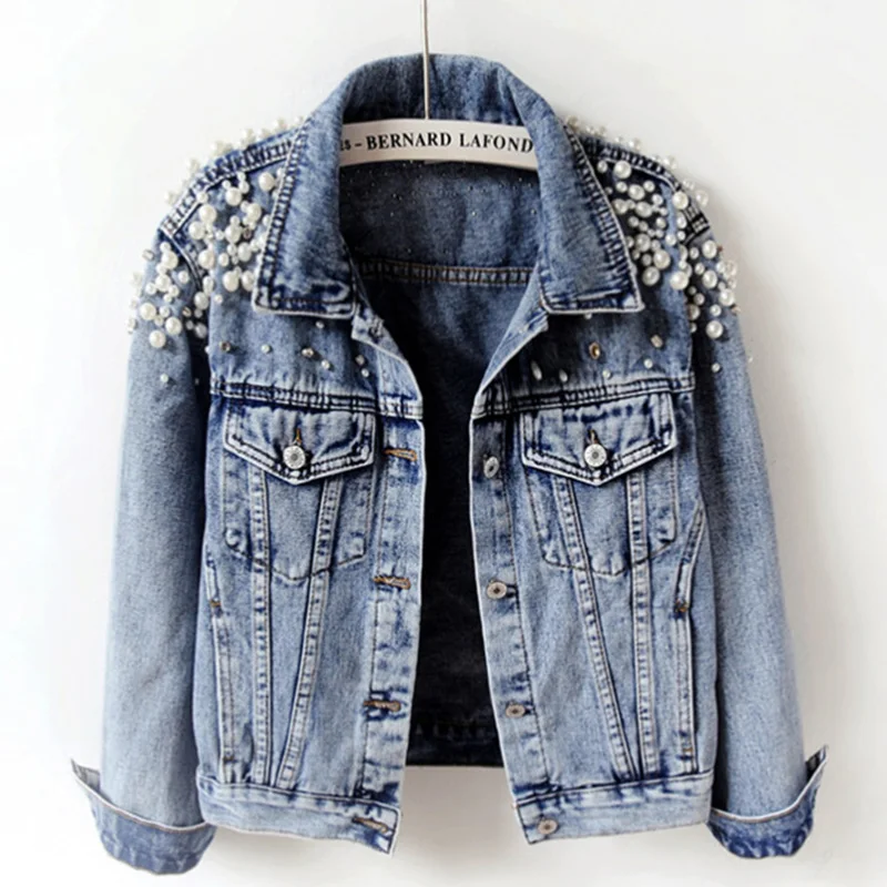 Popular Women'S Wear Custom Rhinestone Pearls Jean Coat Casual Jean ...