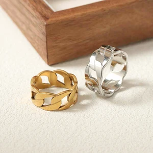 18K Gold PVD Stainless Steel Trendy Fashion Non-Tarnish Logo Made Cubic Chain Finger Ring for Men for Engagement