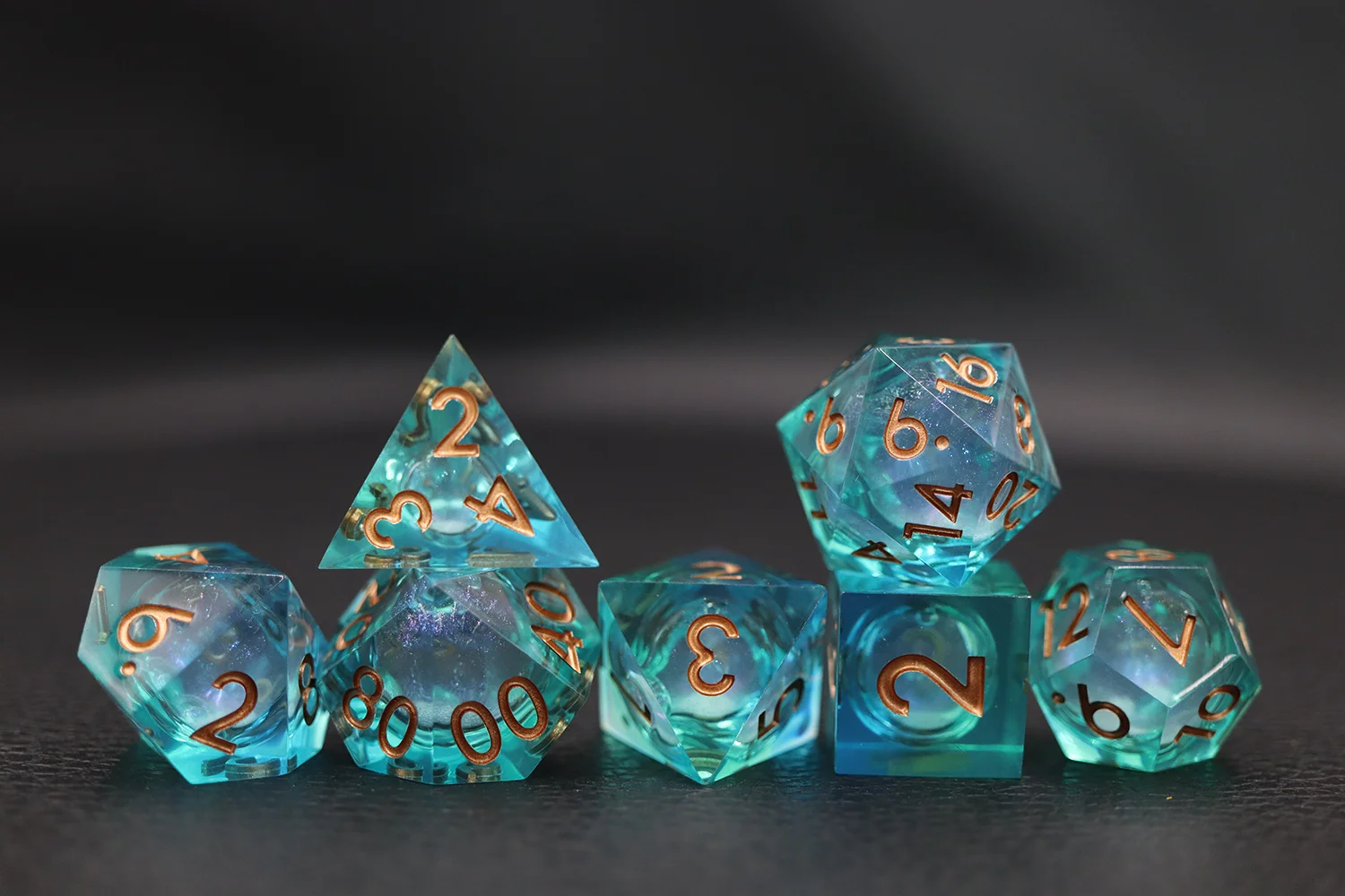 Custom Color Polyhedral DND Dice Set D4-D20 Liquid Core Resin for Roleplaying Games details