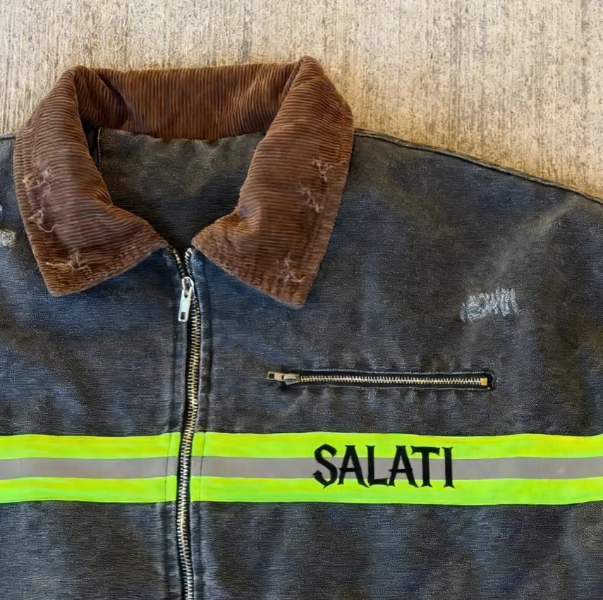 SALATI Men's Washed Denim Jacket with Corduroy Collar Elbow Patches Reflective Stripes Zip Front Vintage Distressed Streetwear gallery 4