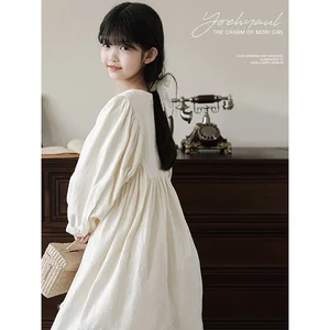YOEHYAUL Girls Dress Spring and Autumn Large Size White Bat Sleeve Simple Versatile Long Dress Autumn Casual Princess Dress
