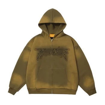 custom hoodies embroidered Manufacturer Heavyweight Applique Stitching Hoodie Stone Wash Cropped Raw Hem Applique Zip Up Hoodie