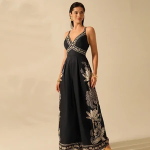 Vintage Empire Jumpsuit for Women V-Neck Tunic Casual Summer Print Vestidos Woven Maxi Length Custom Hoodies