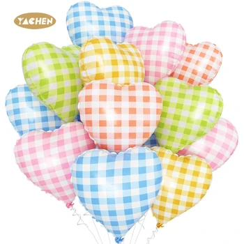 YACHEN Red Yellow Pink Blue Checked 18inch Aluminum Foil Grid Heart Shaped Balloons for Baby Shower Birthday Party Decorations