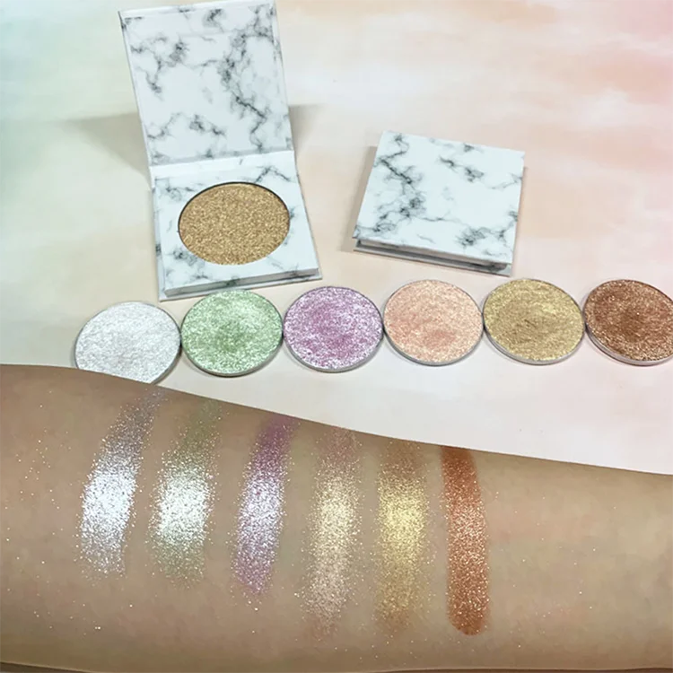 Low Moq 6 Colors Lightweight Shimmer Vegan Cosmetics High Pigment Single Custom Makeup Private Label Marble Highlight Palette