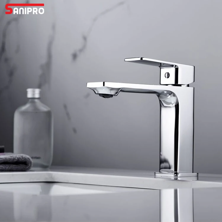 SANIPRO Moden Simple Design Deck Mounted Hot and Cold Water Mixer Wash Basin Faucet Brass Bathroom Taps