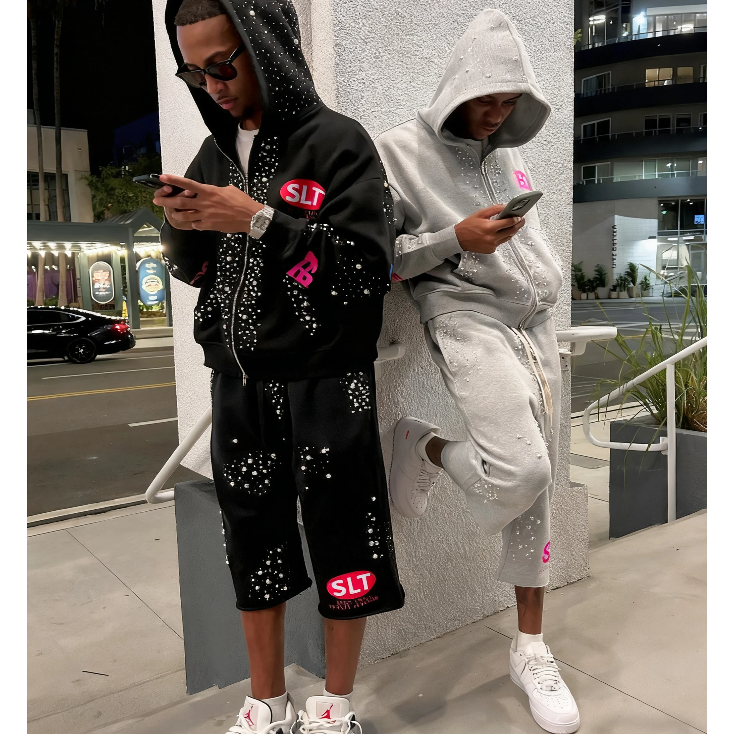 Custom Design Rhinestone Luxury Men Long Sleeve Full Zip up Two Piece Tracksuit New Fashion Jogging Sweatpants and Hoodie Set